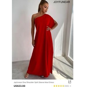 Joyfunear One Shoulder Split Sleeve Maxi Dress Red Size Large